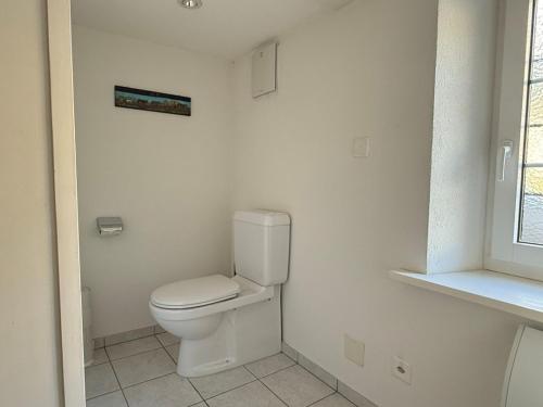 a white bathroom with a toilet and a window at Revier beim Dorfbrunnen in Schwanden