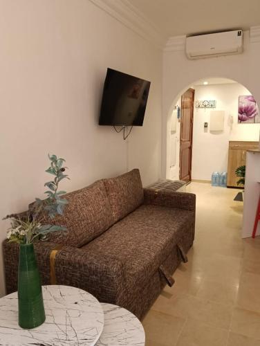 a living room with a couch and a tv on the wall at Appartement Yasmine Hammamet in Yasmine