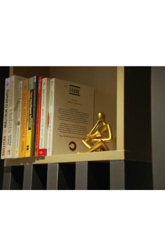 uno scaffale con libri e una statua d'oro sopra di Sapphire Suite ad Abuja