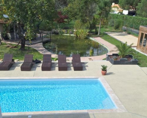 a swimming pool with chairs and a pond at Villa du Rosais in Talmont-Saint-Hilaire