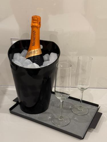a bottle of champagne in a bucket with two wine glasses at Gioia Guest House in Ciampino