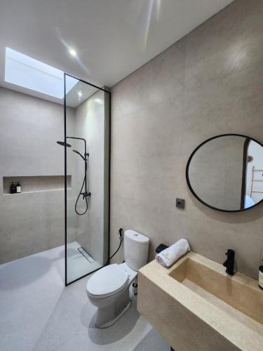 a bathroom with a toilet and a sink and a mirror at Villa Casa de Coco at Lovina in Lovina