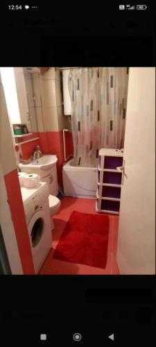 ein Badezimmer mit einem weißen WC und einem roten Boden in der Unterkunft Apartman Milic in Jagodina