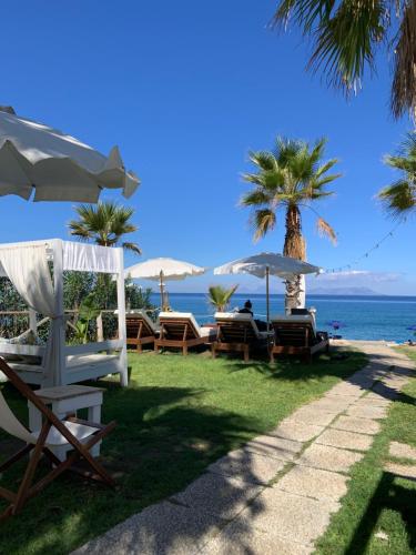 a beach with chairs and umbrellas and the ocean at B&B Xenia in Mongiove