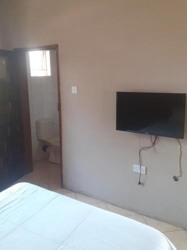 a bedroom with a flat screen tv on a wall at Cannan stay in Livingstone