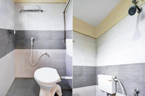 two pictures of a bathroom with a toilet and a shower at Super Hotel O Renigunta Near Railway Station in Tirupati