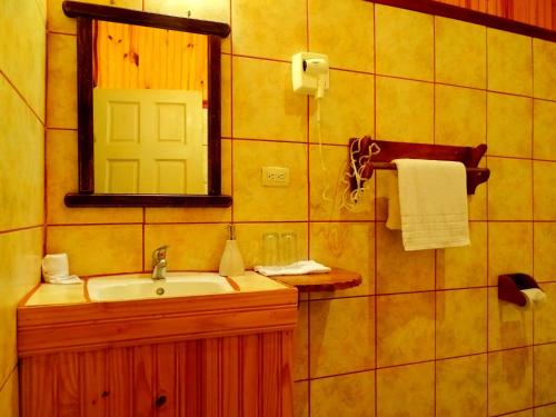 a bathroom with a sink and a mirror at Miztli Lodge & Adventure in Monteverde Costa Rica