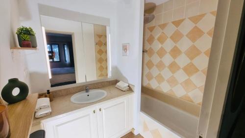 a bathroom with a sink and a mirror and a tub at Appartement golf saumane Celomidie in Saumane-de-Vaucluse