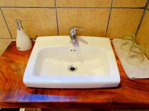 a white sink sitting on top of a wooden counter at Miztli Lodge & Adventure in Monteverde Costa Rica