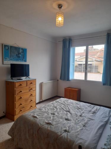 a bedroom with a bed and a dresser and a window at Double room, in an elegant house, Thuir centre, terraces view Canigou in Thuir