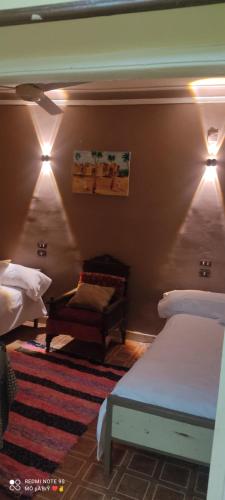 sypialnia z 2 łóżkami i lampkami na ścianie w obiekcie Nasser Nubian Guest House w mieście Jazīrat Aswān