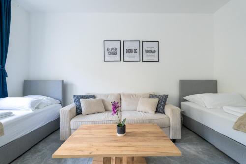 Postel nebo postele na pokoji v ubytování Quiet apartment near Vienna - 60m2 - 24h check-in - for business and family