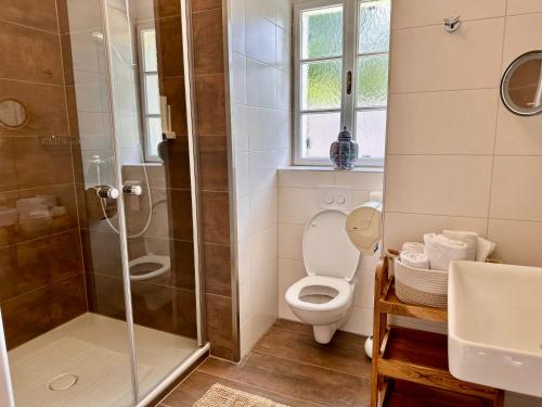 a bathroom with a toilet and a shower at Strandhotel Kärntnerhof in Pörtschach am Wörthersee