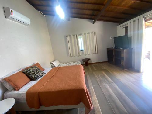 a bedroom with a bed and a television in it at Pousada Destino in Porto de Sauipe