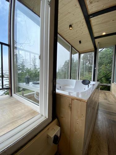 a large tub in a room with a window at The Kiana's in Mussoorie