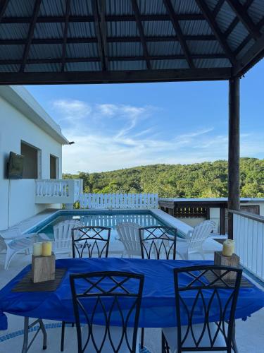 a view from the patio of a villa with a table and chairs at Breezy Castle Villa with private pool overlooking the Sea and Blue Mountains in Port Maria