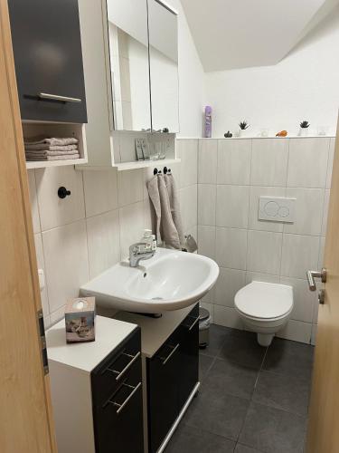 a white bathroom with a sink and a toilet at Hinter-Apartments West in Rohrbach