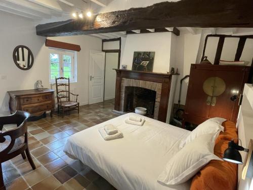 a bedroom with a large bed and a fireplace at Clos de Leger in Pleine-sève