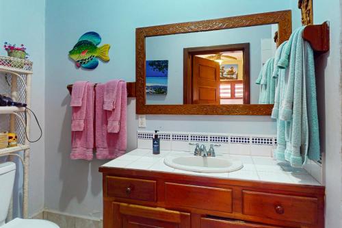 a bathroom with a sink and a mirror at Hibiscus @ Caribe Island in San Pedro