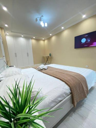 une chambre avec un grand lit avec une télévision au mur dans l'établissement Only sun, à Astana