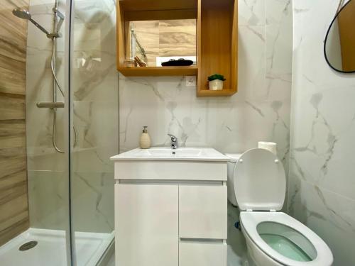 a bathroom with a toilet and a sink and a shower at Light Keys-Setubal DownTown&Beach in Setúbal