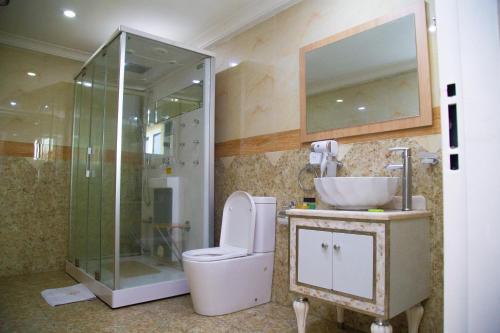 a bathroom with a toilet and a sink and a shower at Visa Karena Hotels in Port Harcourt