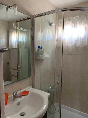 a bathroom with a shower and a white sink at Pomares Country House in Melgaço
