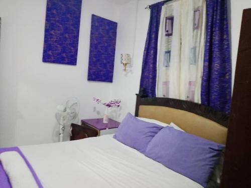 a bedroom with a bed with purple curtains at The Fair Havens Suite in Freetown