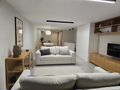 a living room with two white couches and a television at SecretWaters Studio in São Jacinto