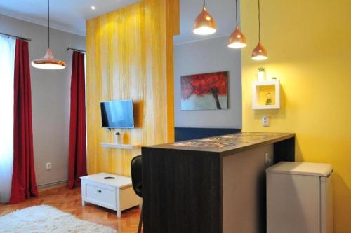 a kitchen with a counter in a room with yellow walls at HOGOR Apartments in Sibiu