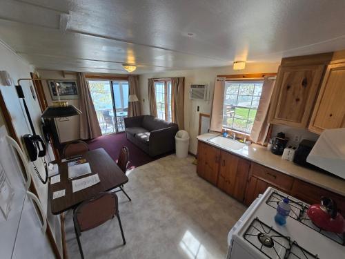 an aerial view of a kitchen and living room at Lake View Motel in Cooperstown