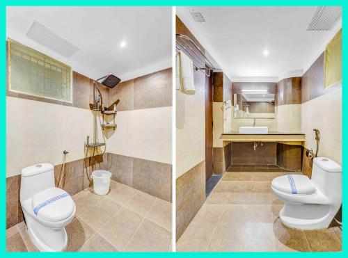 dwa obrazy łazienki z dwoma toaletami i umywalką w obiekcie HOTEL - P & D - PALACE Near Kashi Vishwanath Temple - Fully Air Conditioning With Free Wi-Fi Facilities - BEST HOTEL IN VARANASI w mieście Rāmnagar