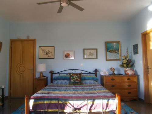 1 dormitorio con 1 cama y ventilador de techo en Karpathos Guest House, en Menetaí