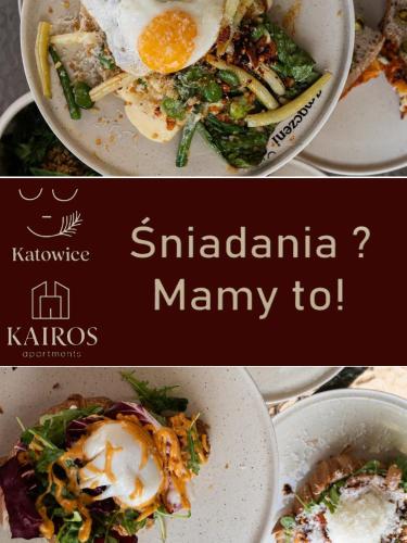 twee foto's van een bord eten met een ei erop bij Kairos Apartments - New York Premium- darmowy parking, ścisłe centrum, Spodek in Katowice