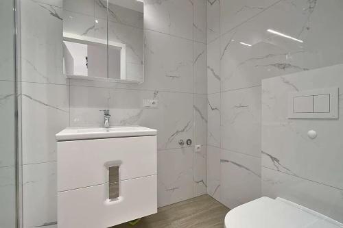 ポズナンにあるPodgórnik Modern Stayの洗面台とトイレを備えた白いバスルーム