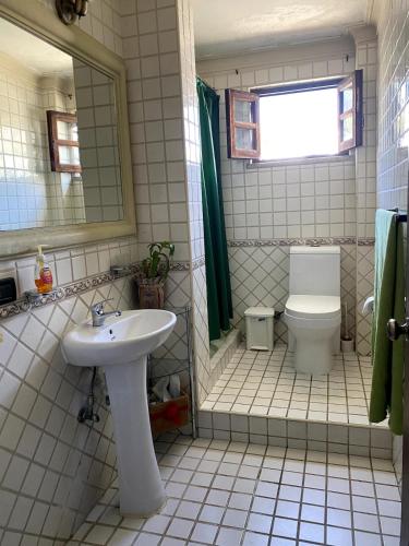 Un baño con lavabo, inodoro y espejo. en Colonial zone great location private room, en Santo Domingo