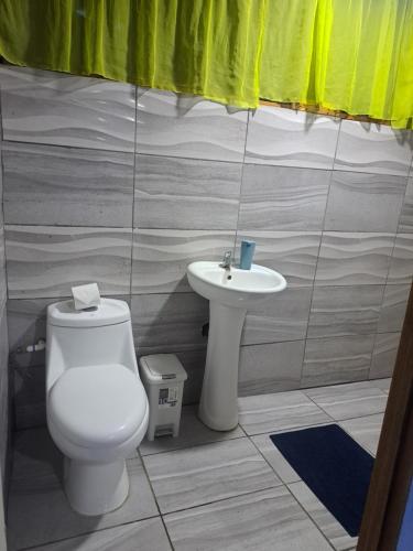 a bathroom with a toilet and a sink at Cahuita Backpackers in Cahuita