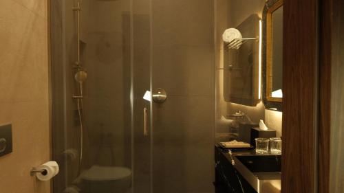 een badkamer met een douche, toilet en wastafel bij Hotel Indigo Batumi - Old Town by IHG in Batoemi