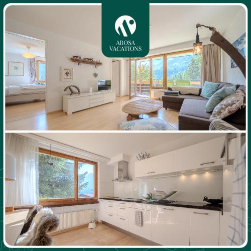 two pictures of a living room and a kitchen at Marlenca 2 by Arosa Vacations, Familienwohnung mit Bergblick in der Nähe des Skilift-Kulm in Arosa