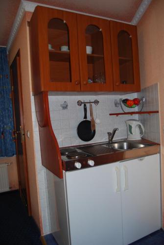 a small kitchen with a sink and a stove at Villa Europa in Mielno