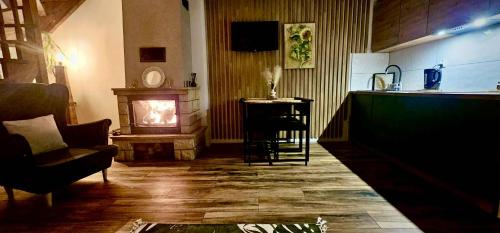 a living room with a fireplace and a couch at Bezdroża Mazurskie in Mrągowo
