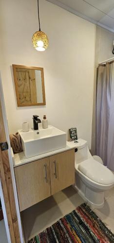 a bathroom with a sink and a toilet and a mirror at Casita Ola N en Caribe Sur in Talamanca