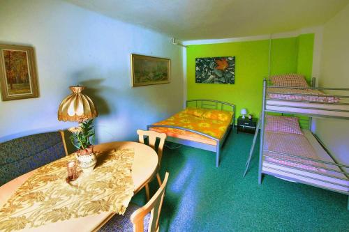 a room with a table and two bunk beds at Penzion Nemílek in Kolinec