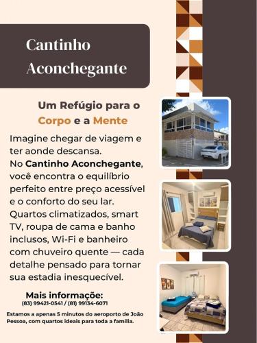 a flyer for a camper apartment with a bed and a room at Cantinho Aconchegante - Quarto 04 Ar-condicionado in Bayeux