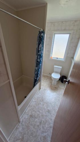 a bathroom with a toilet and a glass shower door at Tairua Harbourside Haven in Tairua