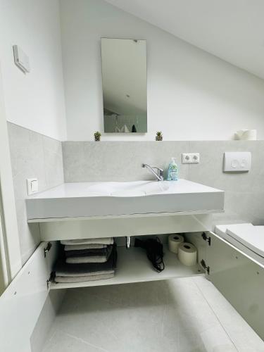 a white bathroom with a sink and a mirror at Große Ferienwohnung Gästehaus NEUBAU Merzig 120m2 in Merzig