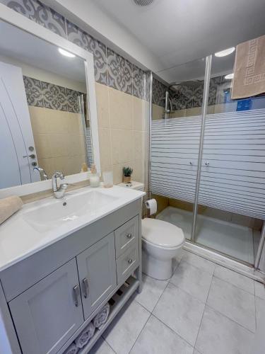 a bathroom with a sink and a toilet and a shower at Sea Breeze Oasis in Eilat