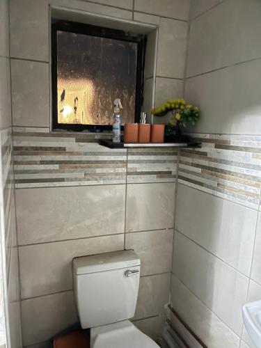 a bathroom with a white toilet and a window at samama guesthouse in Groblersdal