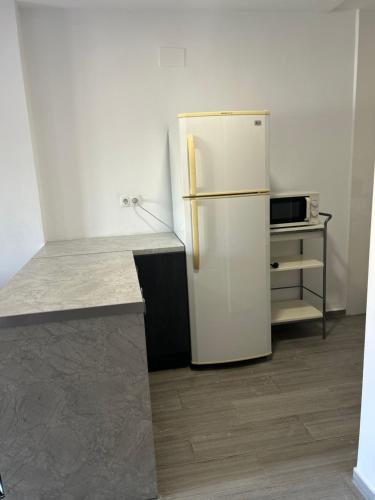 a white refrigerator in a kitchen with a counter at La Ferroviaria - Pequeña Suite De 1 Dormitorio Con Salón y Office más Baño Privado - Prohibido Fumar- Sin Ascensor- in Zaragoza