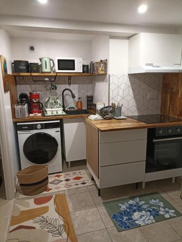Le Cosy chic في Saint-Maurice-de-Beynost: مطبخ مع موقد وطاولة عمل